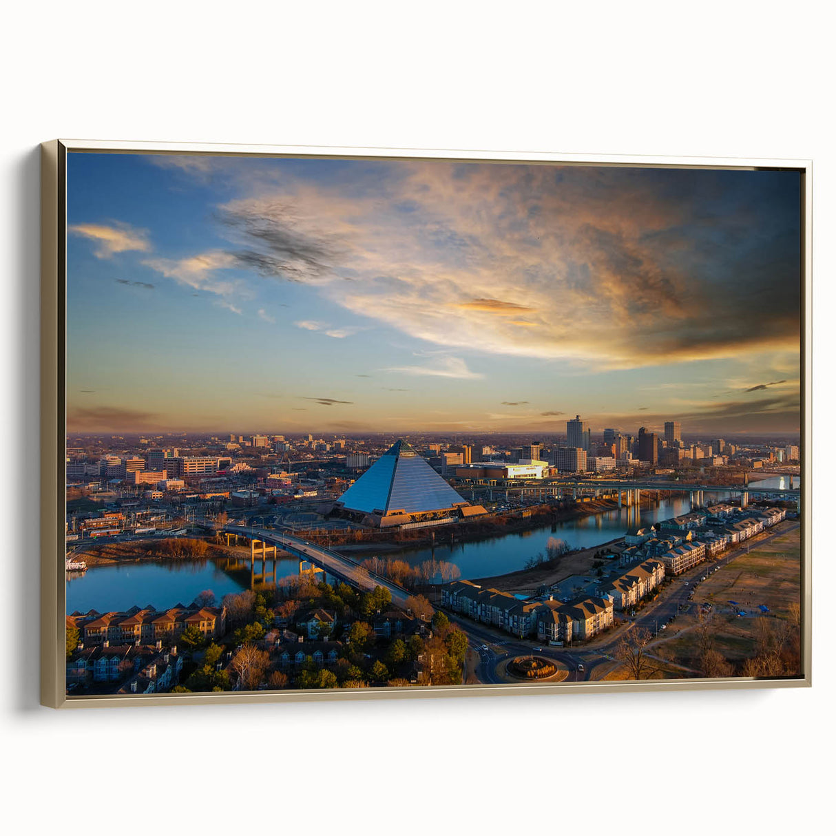 Framed canvas of Memphis landscape with golden hues, ideal for bedroom wall art.