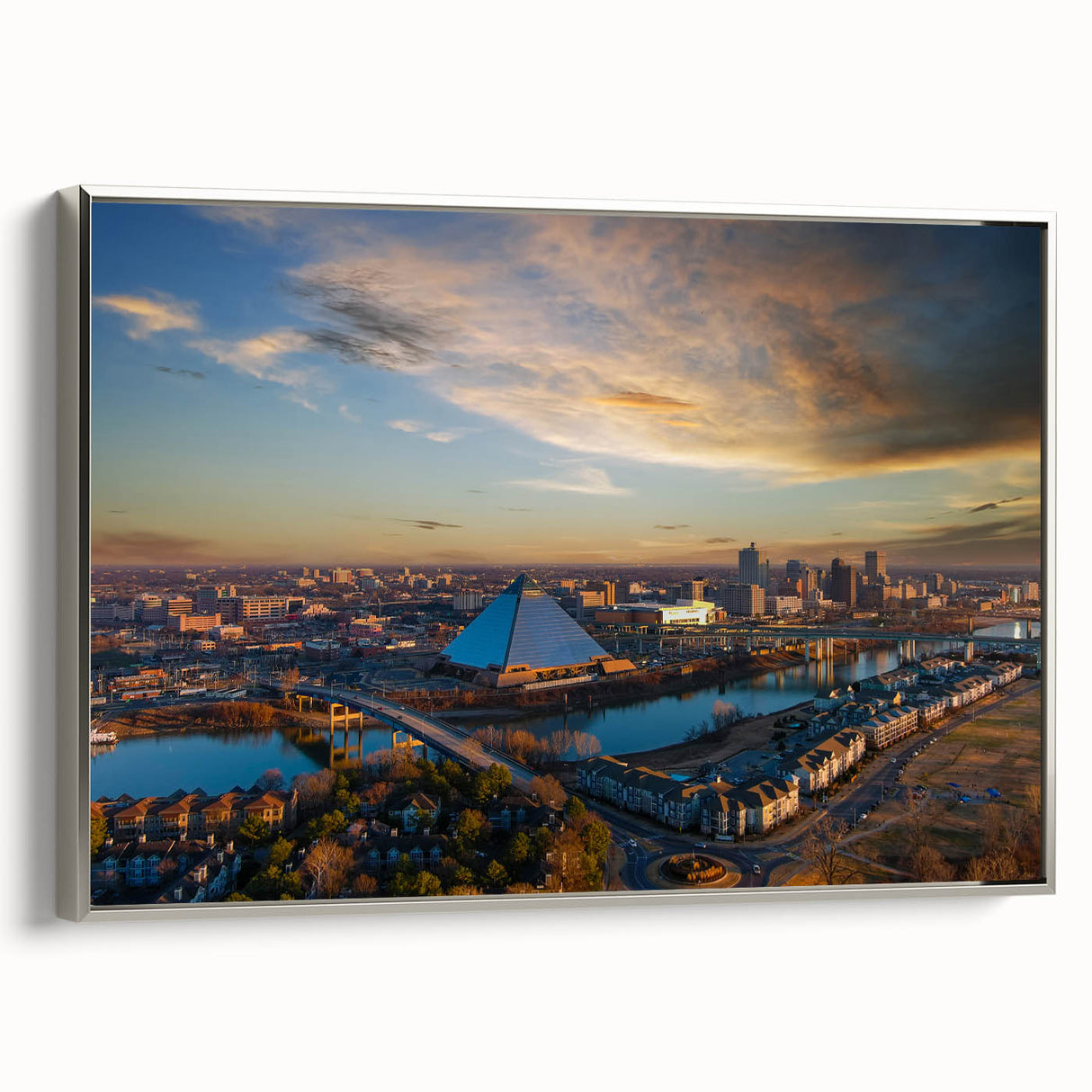 Framed canvas of a colorful Memphis landscape with vintage poster art style, ideal for adding character to a living room.