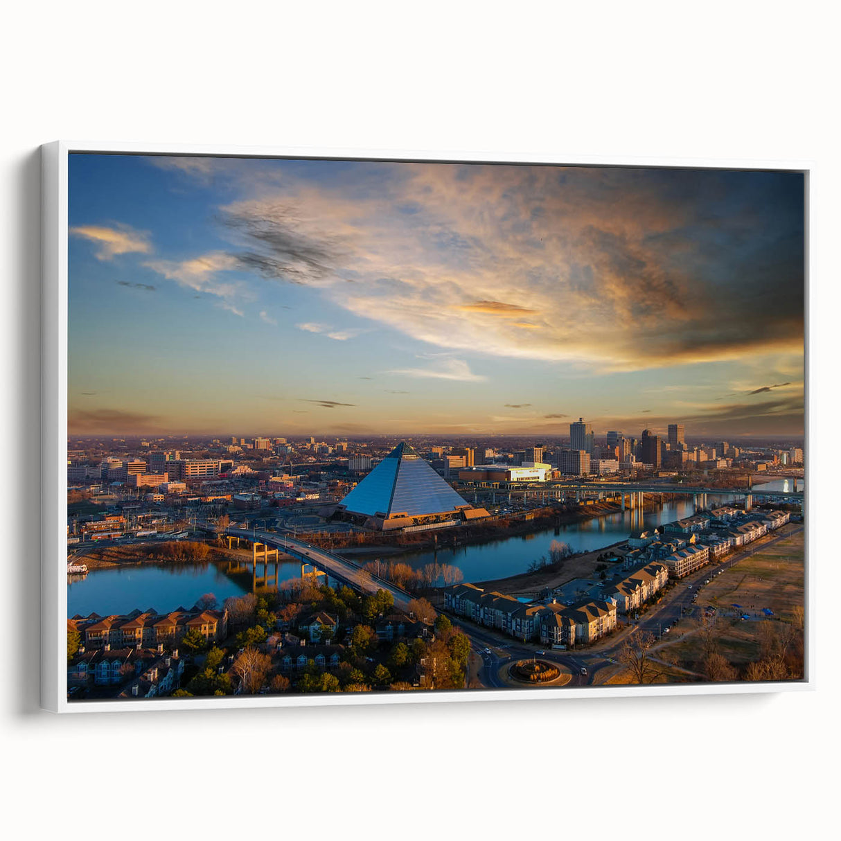 Vintage poster art of Memphis skyline in colorful hues on a large framed canvas, ideal for living room decor.