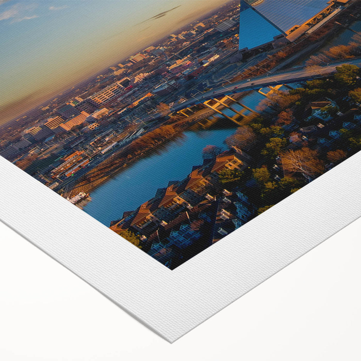 Art deco poster of Memphis skyline in muted blue and gray tones on rolled canvas, suitable for dining room wall art.