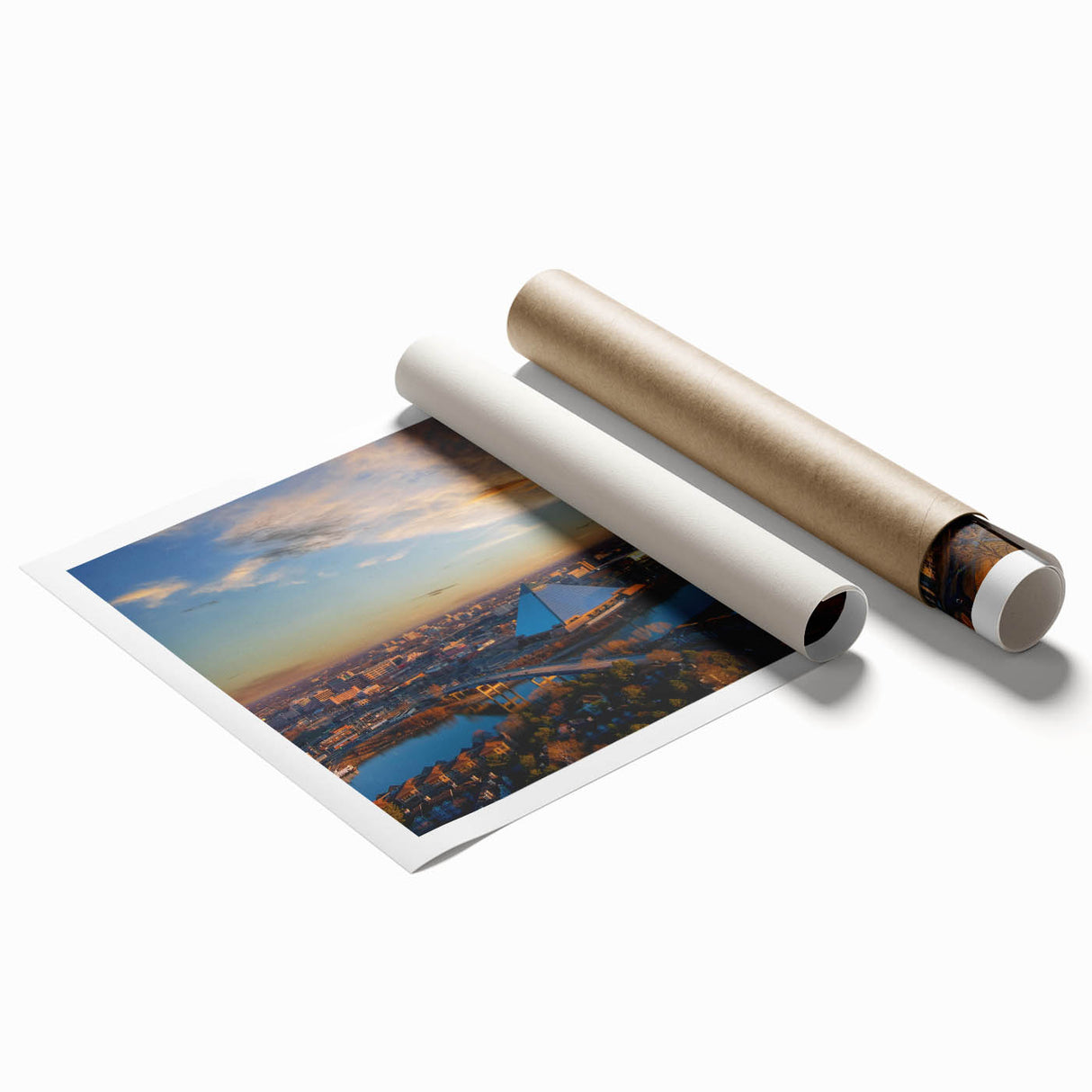 Extra large rolled print of Memphis scenery with floral elements in soft pastel colors, ideal for classy bathroom wall art.
