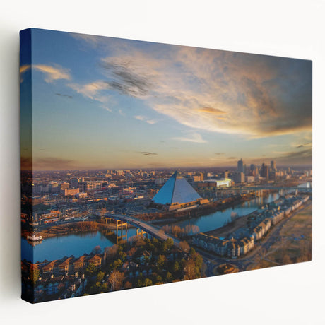 Large stretched canvas depicting a detailed Memphis skyline in vibrant sunset colors, ideal for kitchen wall art.