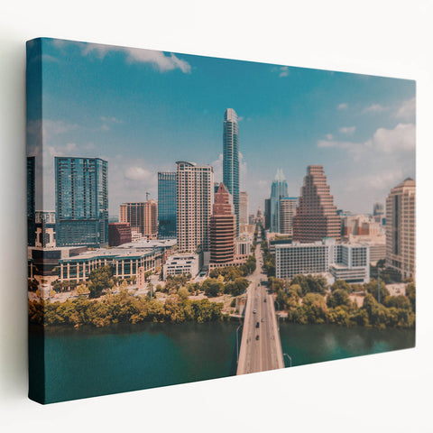 Large art print of Austin skyline in muted earth tones on stretched canvas, suitable for kitchen wall art.