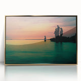 Large art print of the Dallas skyline, depicted in mid-century modernist style on a framed acrylic.