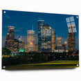 Acrylic glass print of abstract Houston skyline in blues and grays, suitable for bedroom or dining room decor.