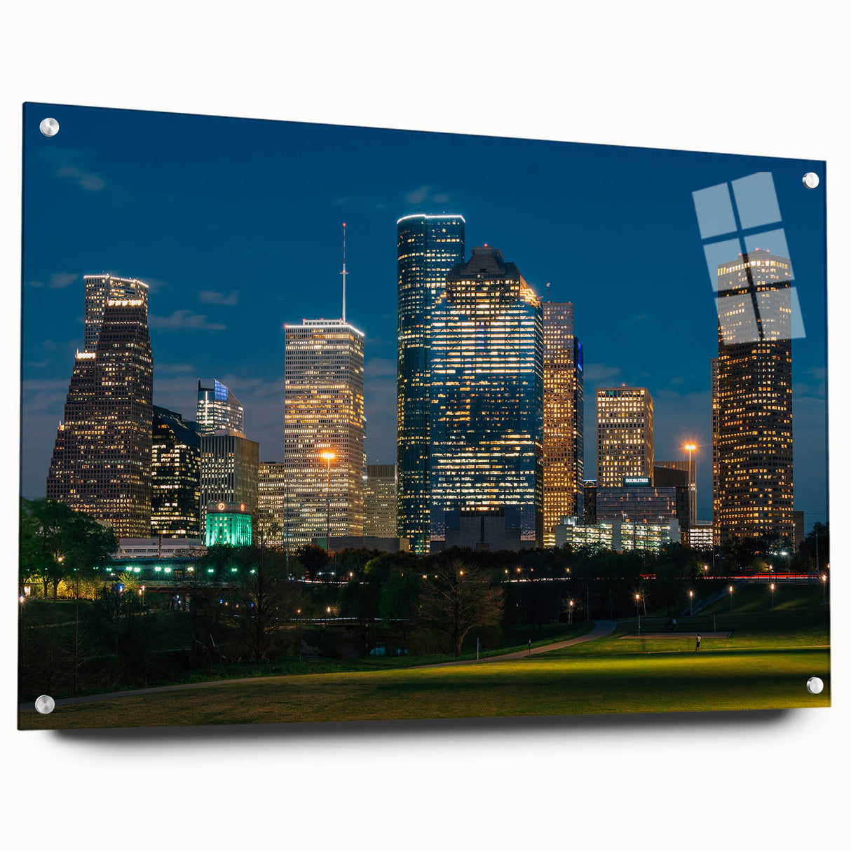 Acrylic glass print of abstract Houston skyline in blues and grays, suitable for bedroom or dining room decor.