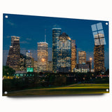 Acrylic glass print of abstract Houston skyline in blues and grays, suitable for bedroom or dining room decor.