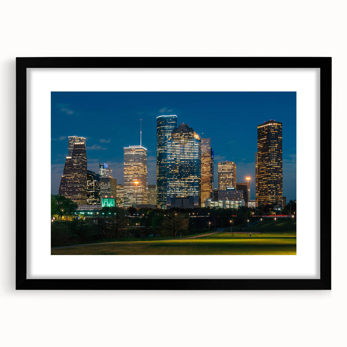 Extra large, textured abstract art print of vibrant Houston skyline on a black framed canvas, perfect for living room decor.