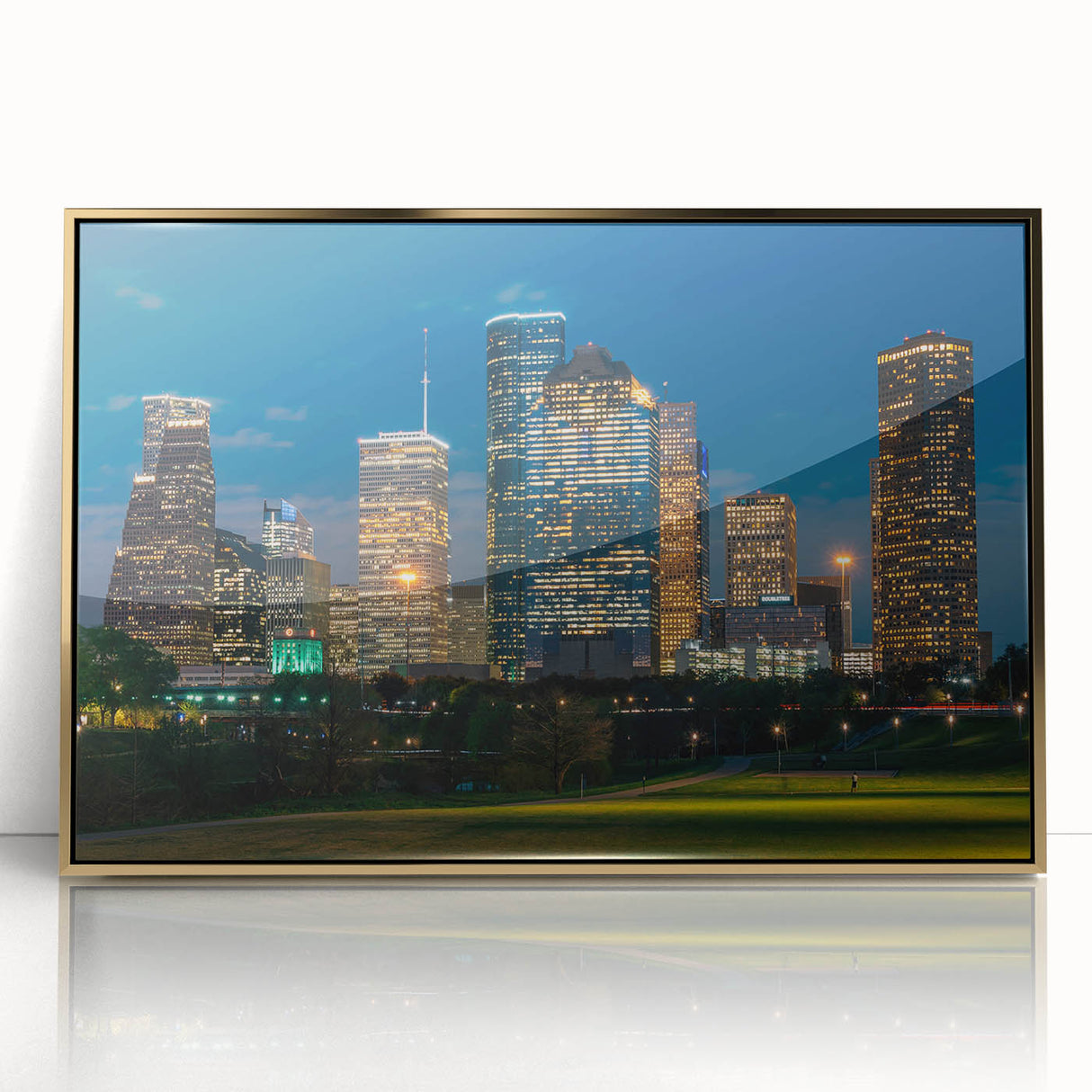 Mid-century modernist style large art print of Houston skyline in muted gold and blue tones on framed acrylic.