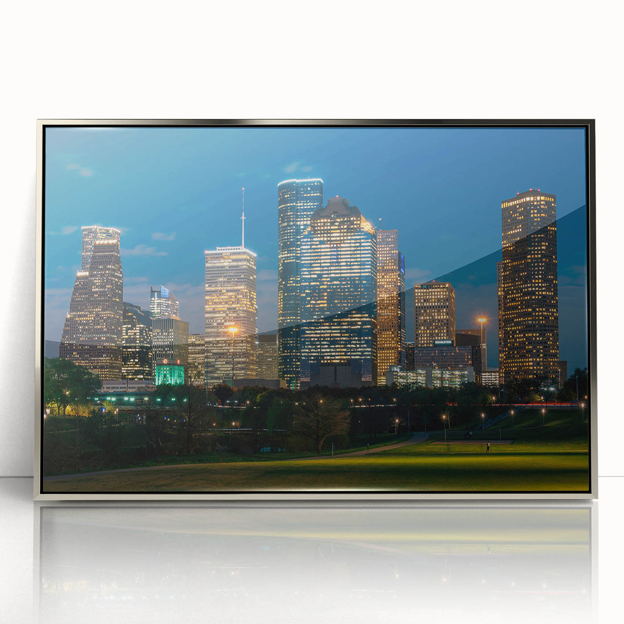 Mid-century modernist art of Houston skyline in muted gray and blue tones on a framed acrylic print.