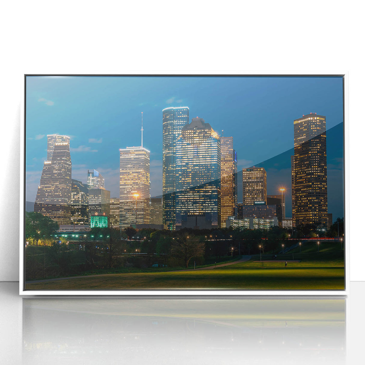 Art deco poster of Houston skyline in muted gray and blue tones on framed acrylic, suitable for modern nursery wall art.