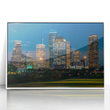 Art deco poster of Houston skyline in muted gray and blue tones on framed acrylic, suitable for modern nursery wall art.