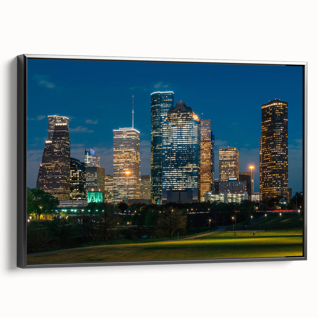 Black and white framed canvas featuring a vintage-style Houston skyline, ideal for bedroom wall decor.