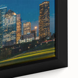 Extra large framed canvas featuring a textured depiction of Houston skyline in black with colorful art accents.