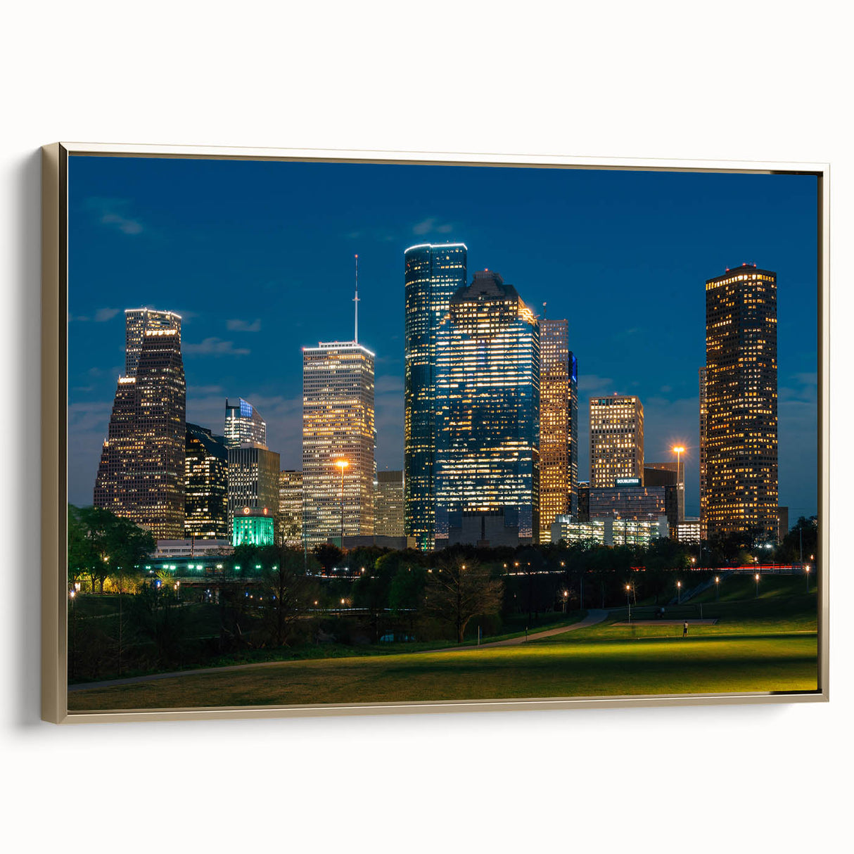 Framed canvas wall art featuring a vintage-style Houston landscape in black and gold tones, ideal for bedroom decor.