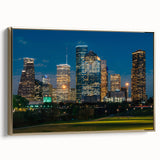 Framed canvas wall art featuring a vintage-style Houston landscape in black and gold tones, ideal for bedroom decor.
