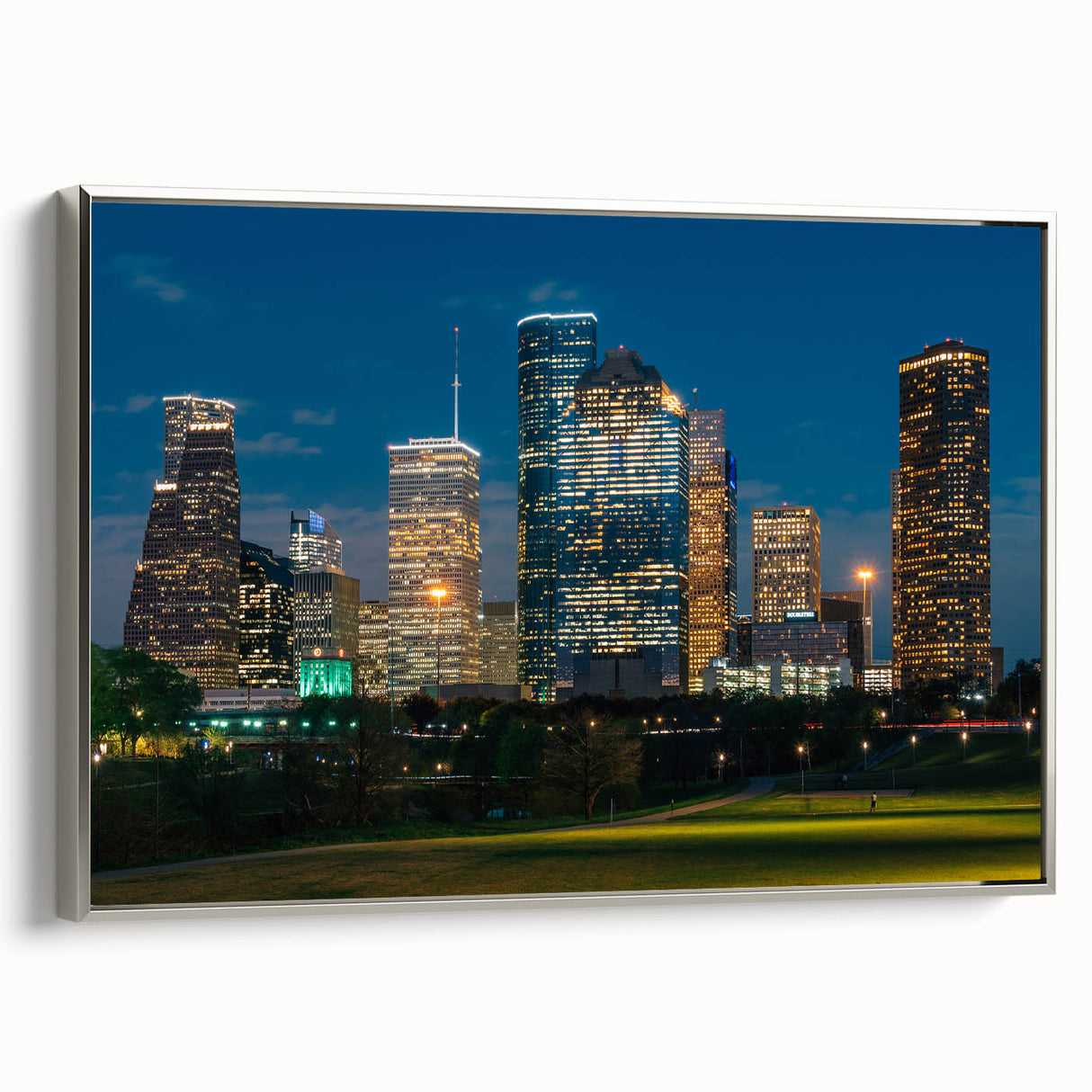 Framed canvas landscape art of Houston skyline in colorful hues, ideal for modern office decor.