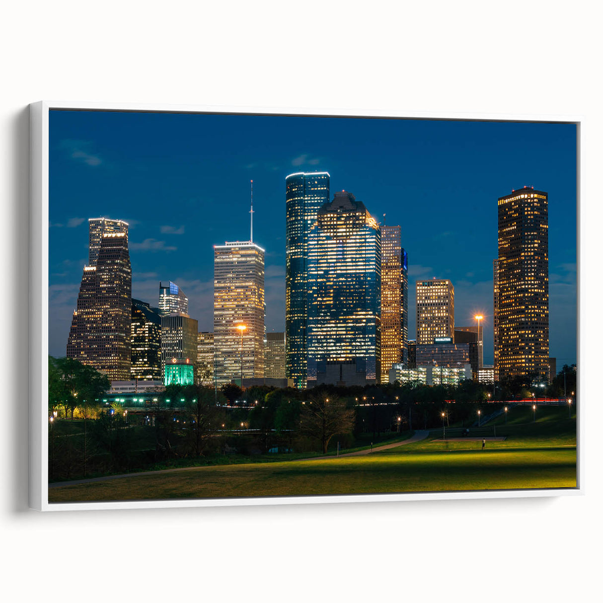 Vintage poster art of Houston skyline on extra large framed canvas with colorful hues, ideal for living room decor.