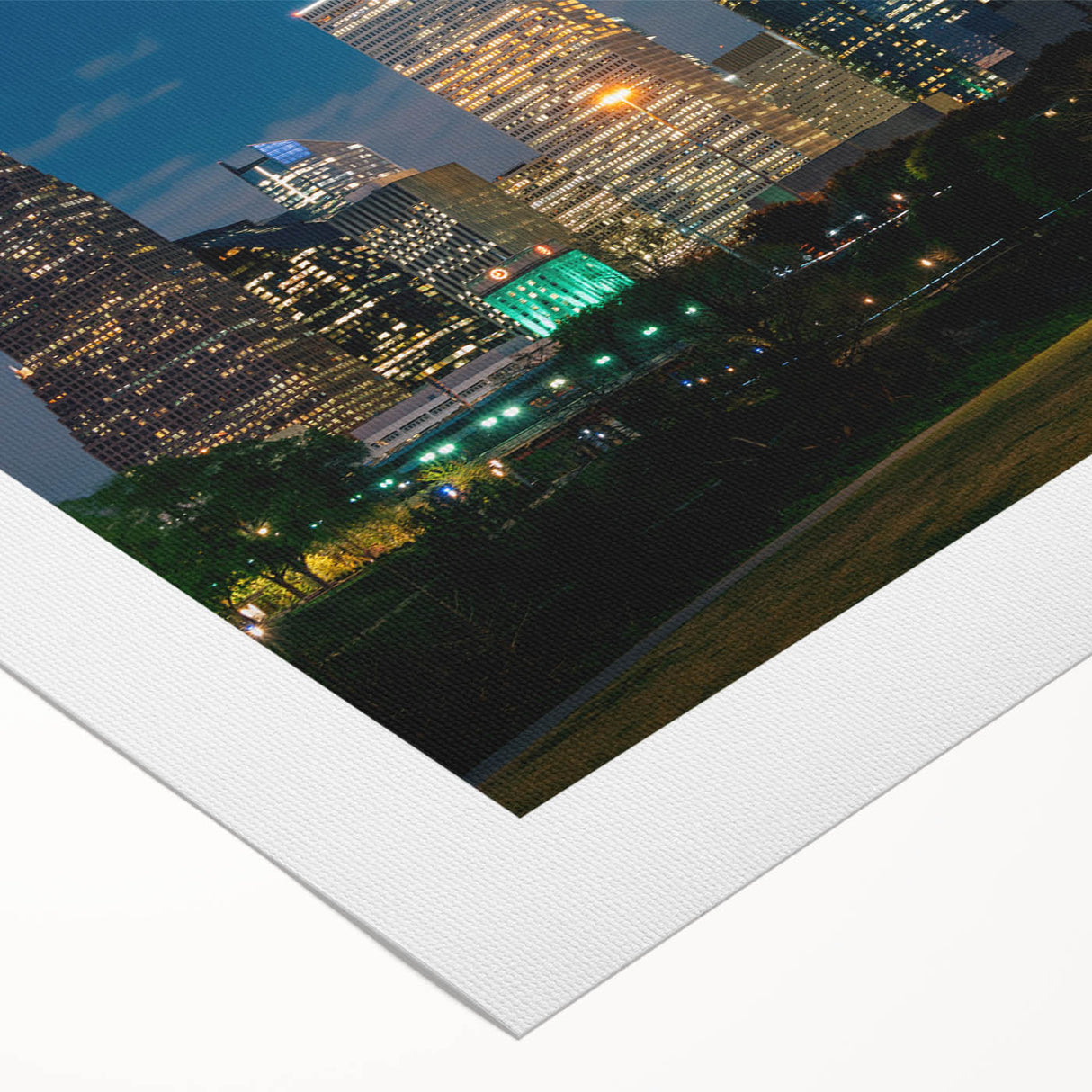 Art deco poster of Houston skyline in monochrome shades on rolled canvas, suitable for dining room decor.