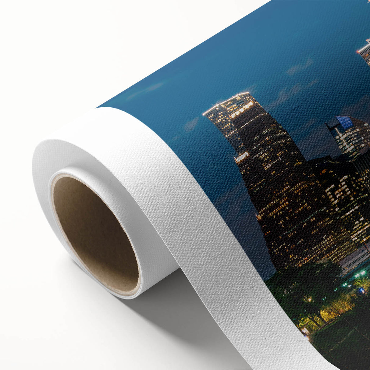 Art Deco style poster of Houston skyline in pastel colors on rolled canvas.