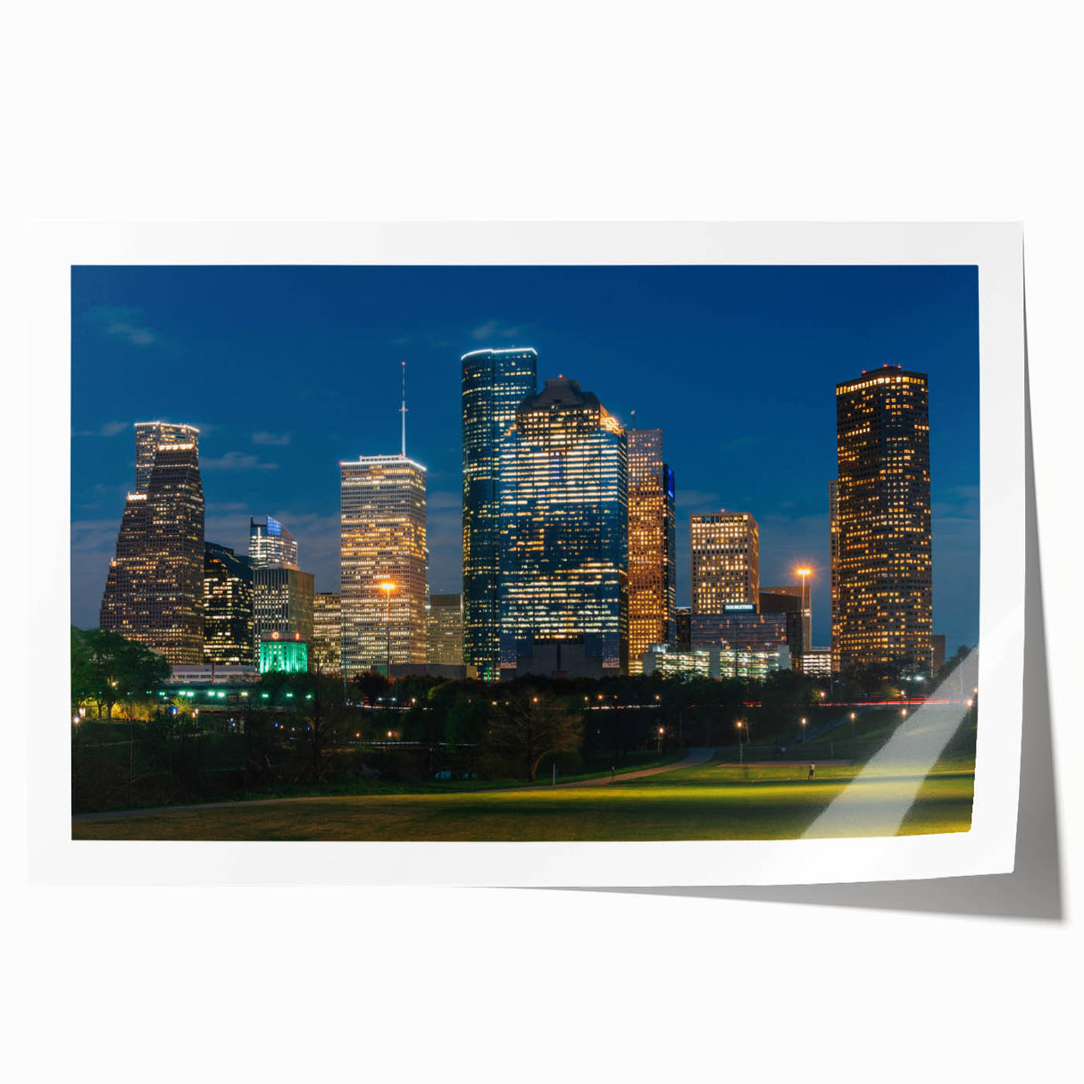 Extra large rolled print of Houston skyline with floral elements in pastel shades, ideal for art wall dining room.