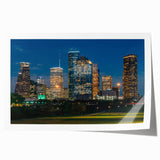 Extra large rolled print of Houston skyline with floral elements in pastel shades, ideal for art wall dining room.