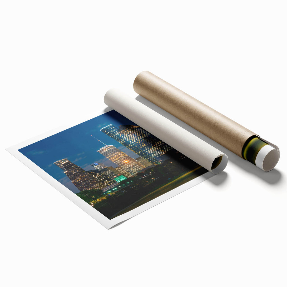 Extra large rolled print of Houston skyline with floral motifs in soft pastel shades.