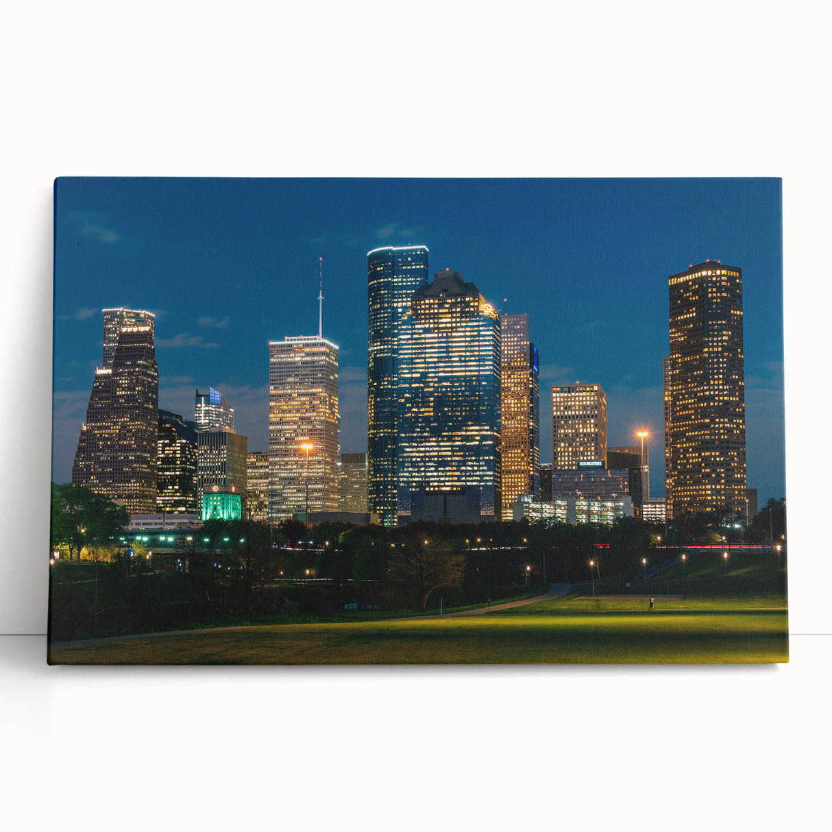 Black and white large art print of the Houston skyline on stretched canvas, ideal for kitchen wall art or bedroom ambiance.