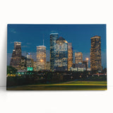 Black and white large art print of the Houston skyline on stretched canvas, ideal for kitchen wall art or bedroom ambiance.