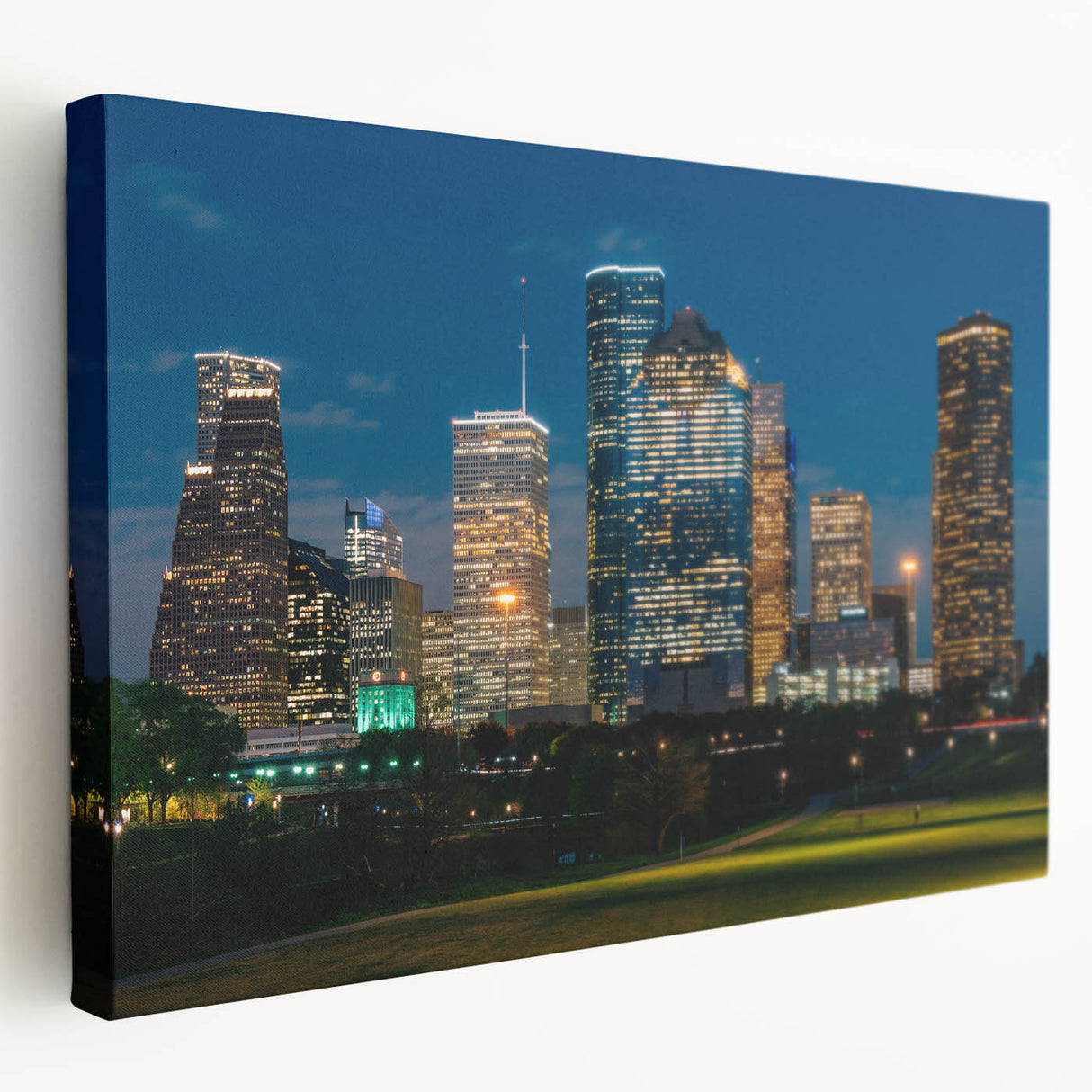 Large canvas print of Houston skyline in muted gray and blue tones, ideal for kitchen wall art.