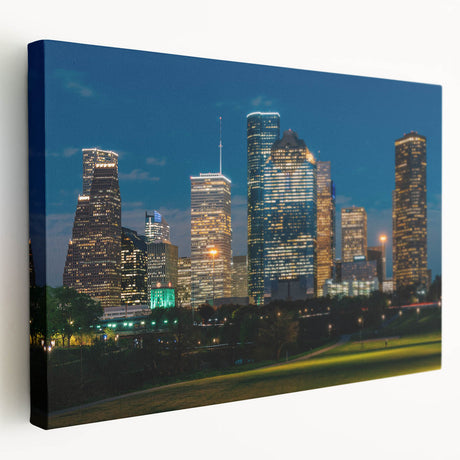 Large canvas print of Houston skyline in muted gray and blue tones, ideal for kitchen wall art.