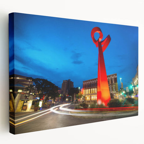 San Antonio skyline depicted in muted earth tones on a large stretched canvas, suitable for kitchen wall art.