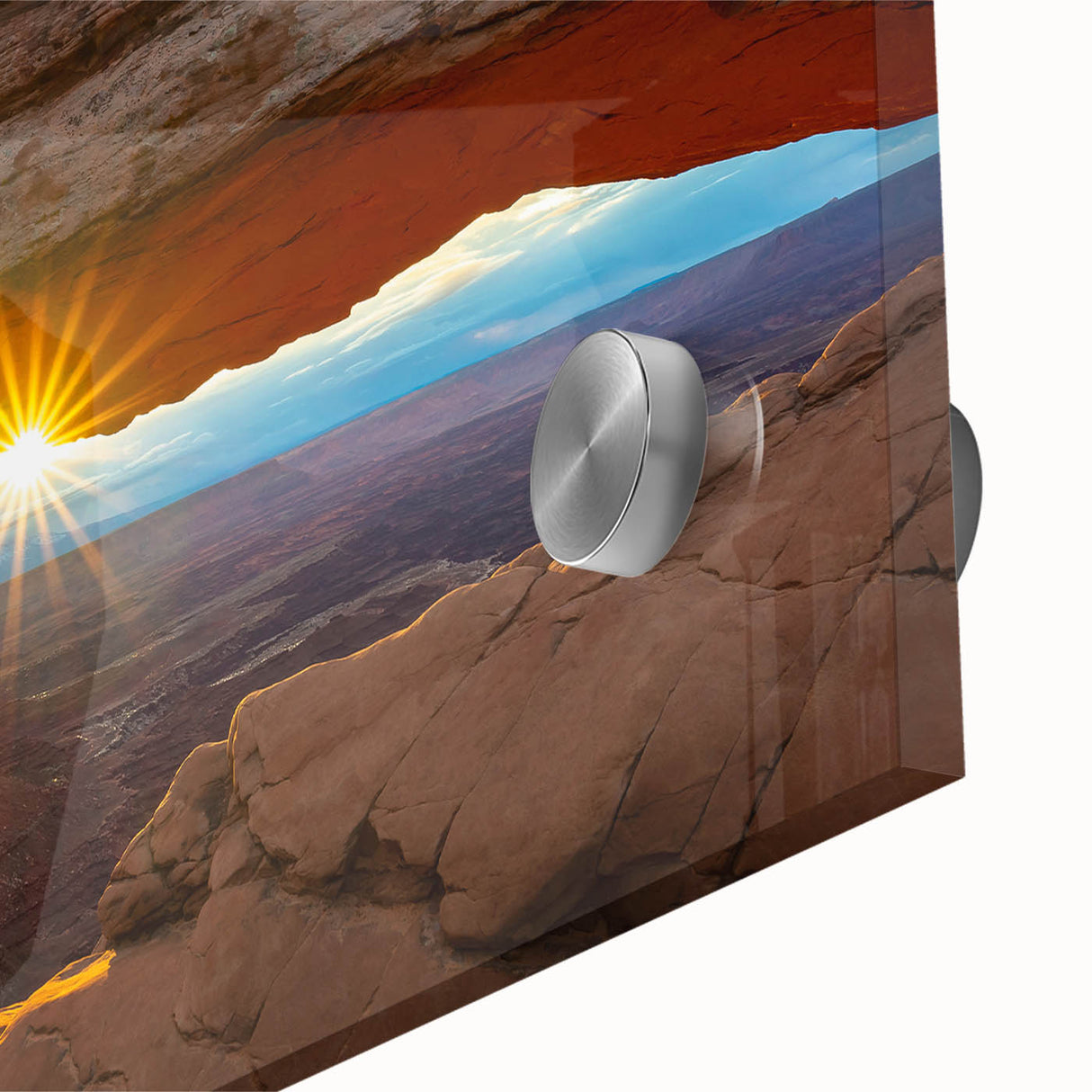 Large abstract depiction of Utah Arches in muted earth tones on acrylic glass.