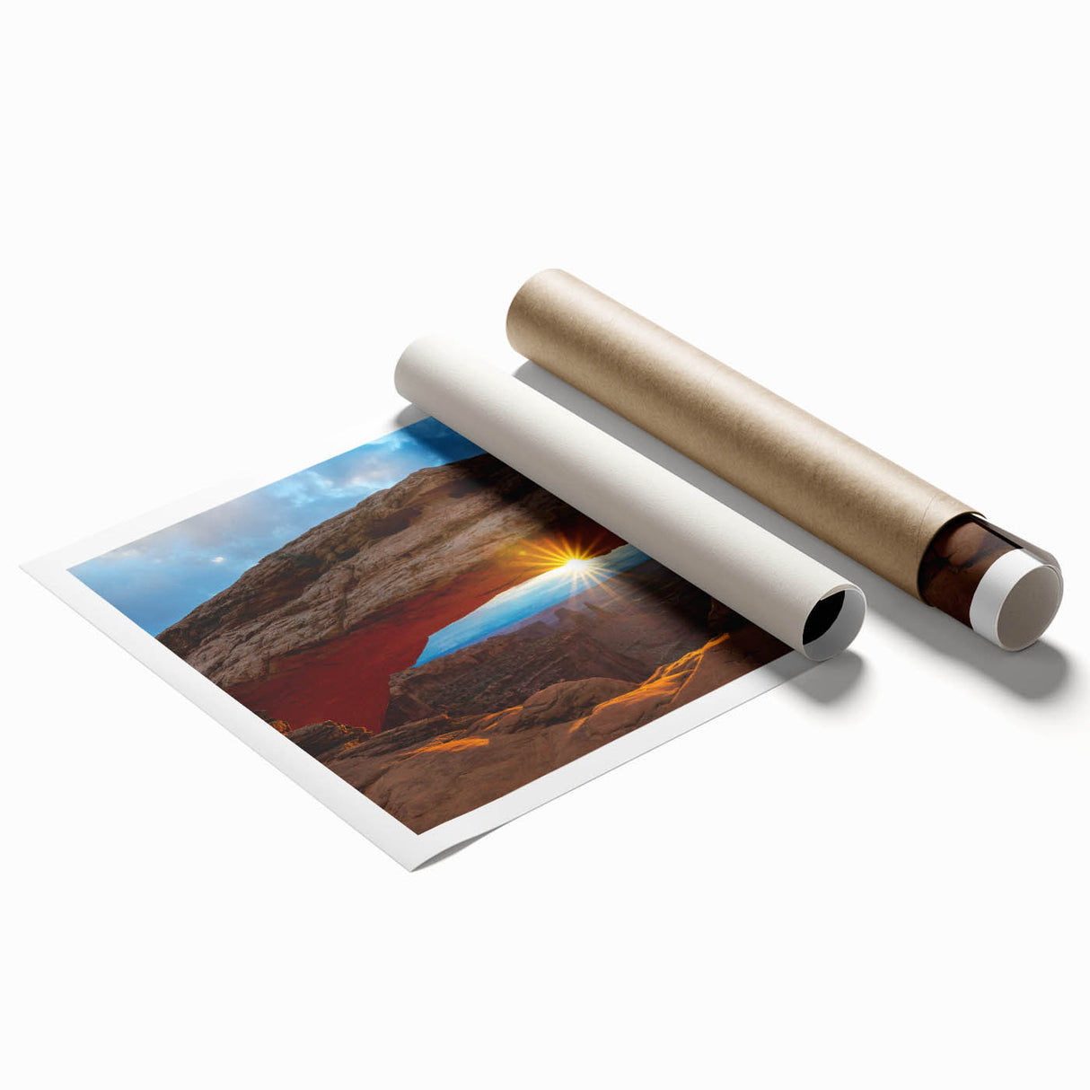 Arches National Park landscape on rolled print, featuring earthy red and orange tones, ideal for classy bathroom wall art.