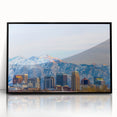 Large abstract wall art of Salt Lake City in muted earth tones on a framed acrylic, suitable for modern living room decor.