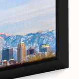 Extra large black wall art of Salt Lake City with textured, colorful details on framed canvas.