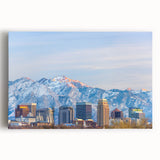 Black and white stretched canvas of Salt Lake City skyline, ideal for kitchen wall art.