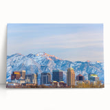 Black and white stretched canvas of Salt Lake City skyline, ideal for kitchen wall art or bedroom ambiance.