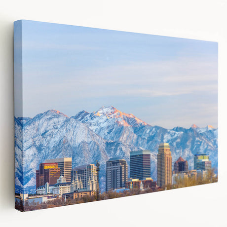 Large art print of Salt Lake City with muted earth tones on stretched canvas, suitable for kitchen wall art.