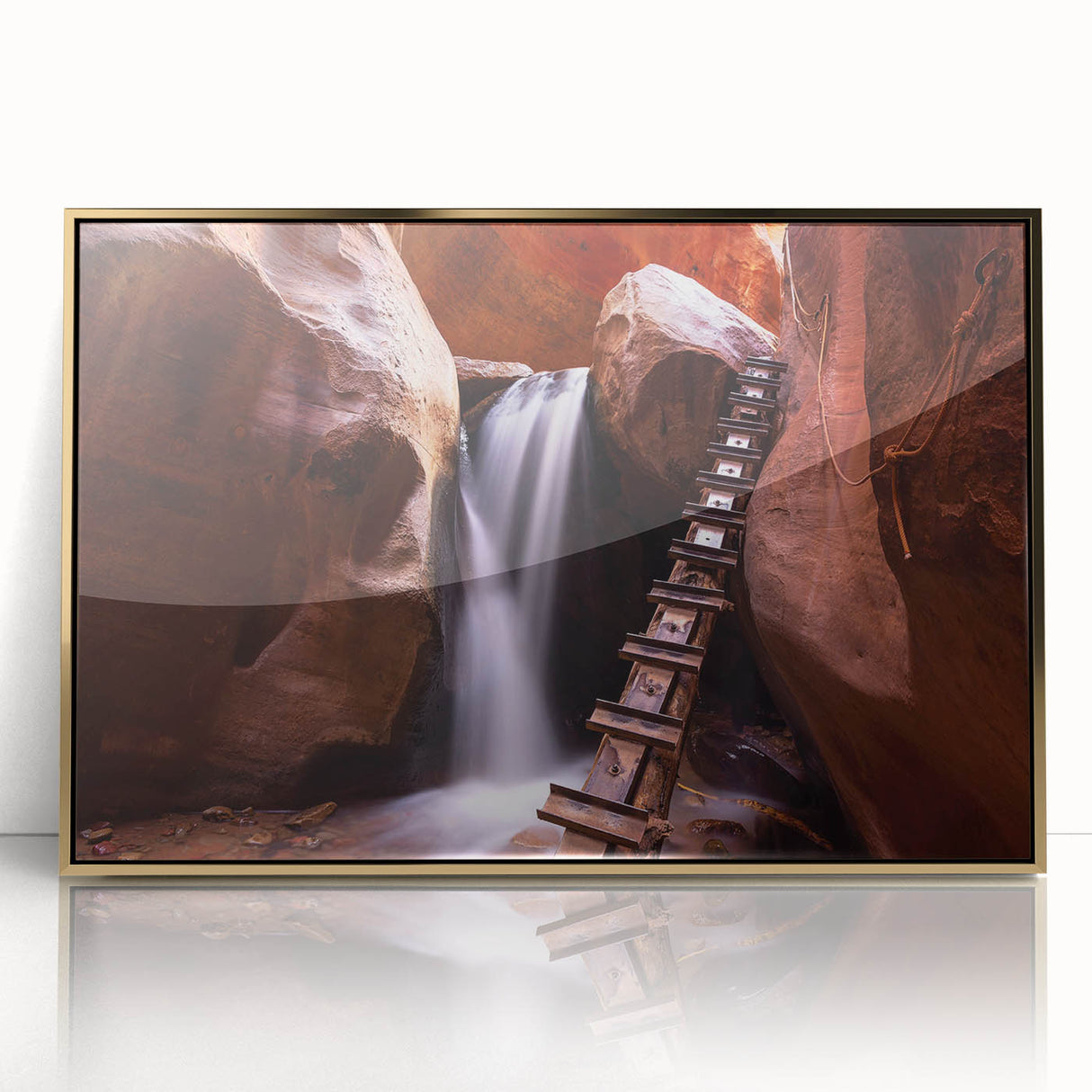 Framed acrylic print of Zion National Park with rich green and gold tones in a mid-century modernist style.