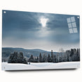Acrylic glass print of a serene Vermont landscape in muted green and blue tones, suitable for bedroom or dining room decor.