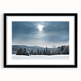 Extra large abstract art print featuring textured, colorful art of Vermont scenery, in a black frame with mat.