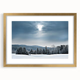 Extra large abstract art print of a Vermont landscape in textured gold frame, featuring muted earth tones.