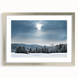 Textured art depicting abstract Vermont scenery in muted green and blue tones, framed in silver.