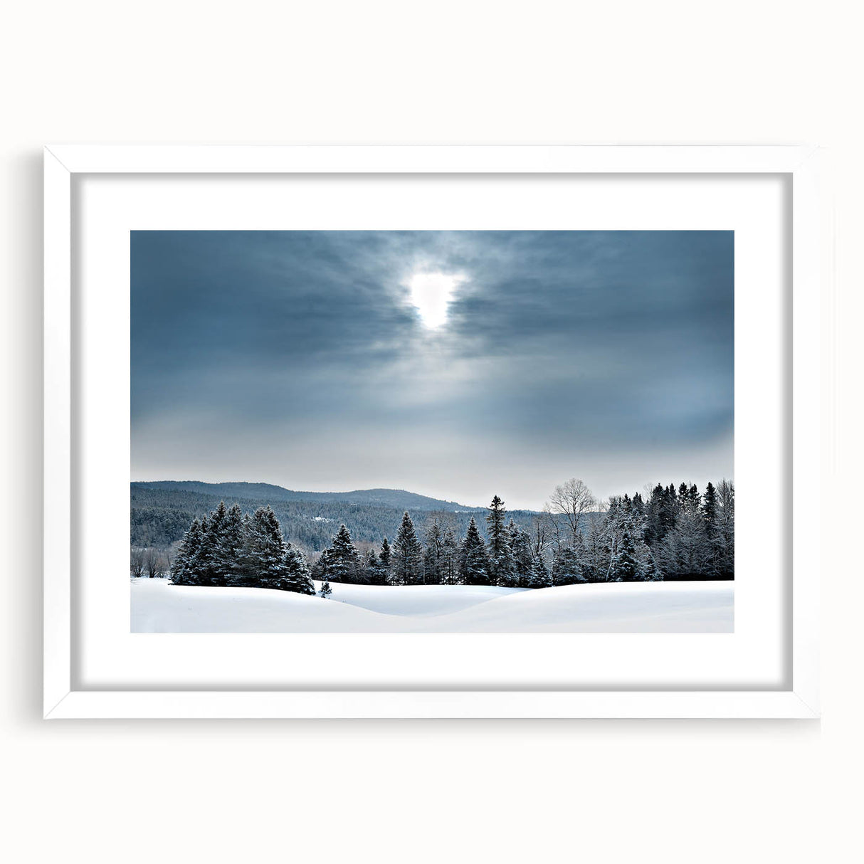 Abstract art print of Vermont scenery in muted earth tones on a framed white mat, ideal for dining room decor.