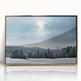 Large art print of a Vermont landscape in mid-century modernist style, acrylic framed, with gold accents.