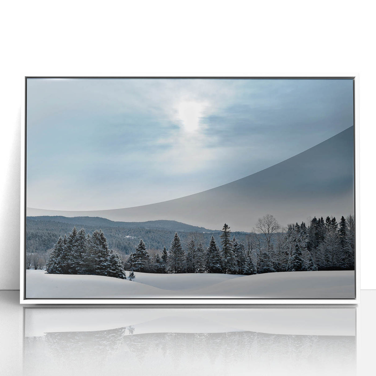 Art deco poster of Vermont scenery in muted green and white hues, acrylic framed, suitable for modern nursery wall decor.