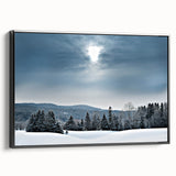 Black and white framed canvas depicting a serene Vermont landscape, ideal for bedroom wall decor.