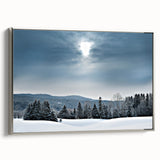 Framed canvas depicting a vintage-style Vermont landscape in colorful hues, ideal for living room decor.