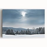 Black and white photograph of a serene Vermont landscape on large stretched canvas, ideal for kitchen wall art.